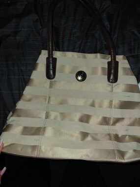 Tommy Hilfiger Beige Striped Tote Bag with Brown Handles